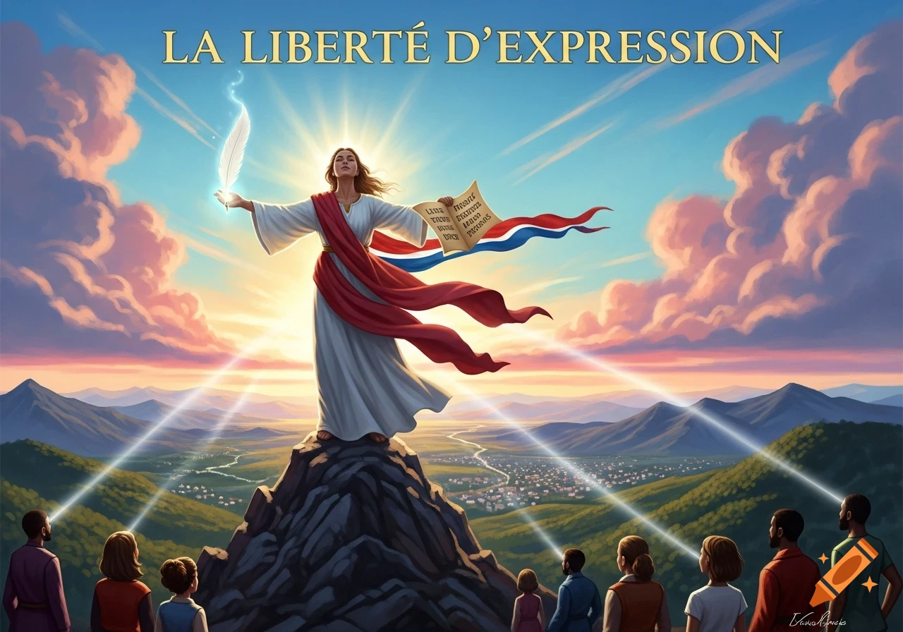 An allegorical figure of Liberty stands atop a mountain, holding a glowing feather and a scroll, with people looking up as light rays emanate over a town. Text reads "LA LIBERTÉ D'EXPRESSION".