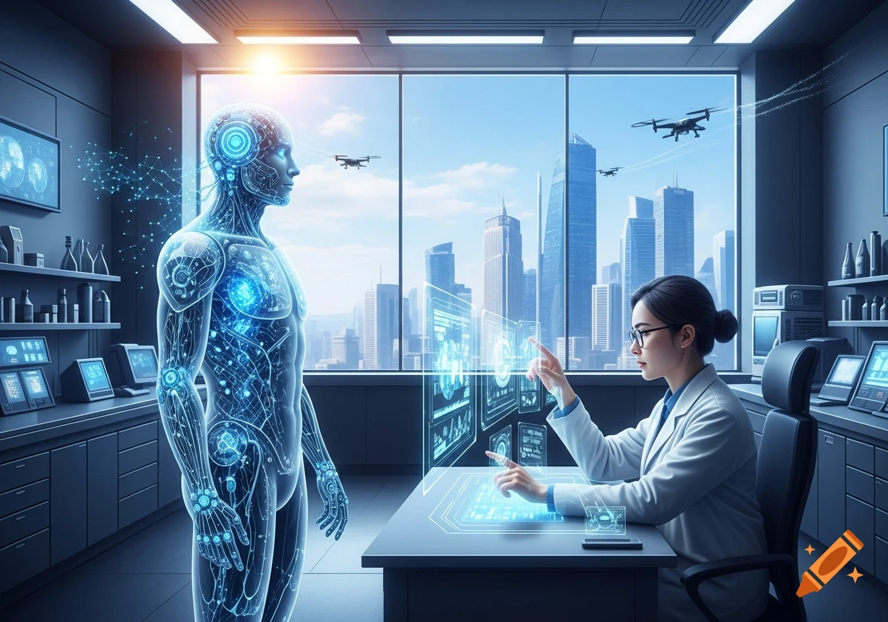 A scientist interacts with holographic displays next to a glowing, translucent human-like AI figure in a futuristic lab overlooking a city.