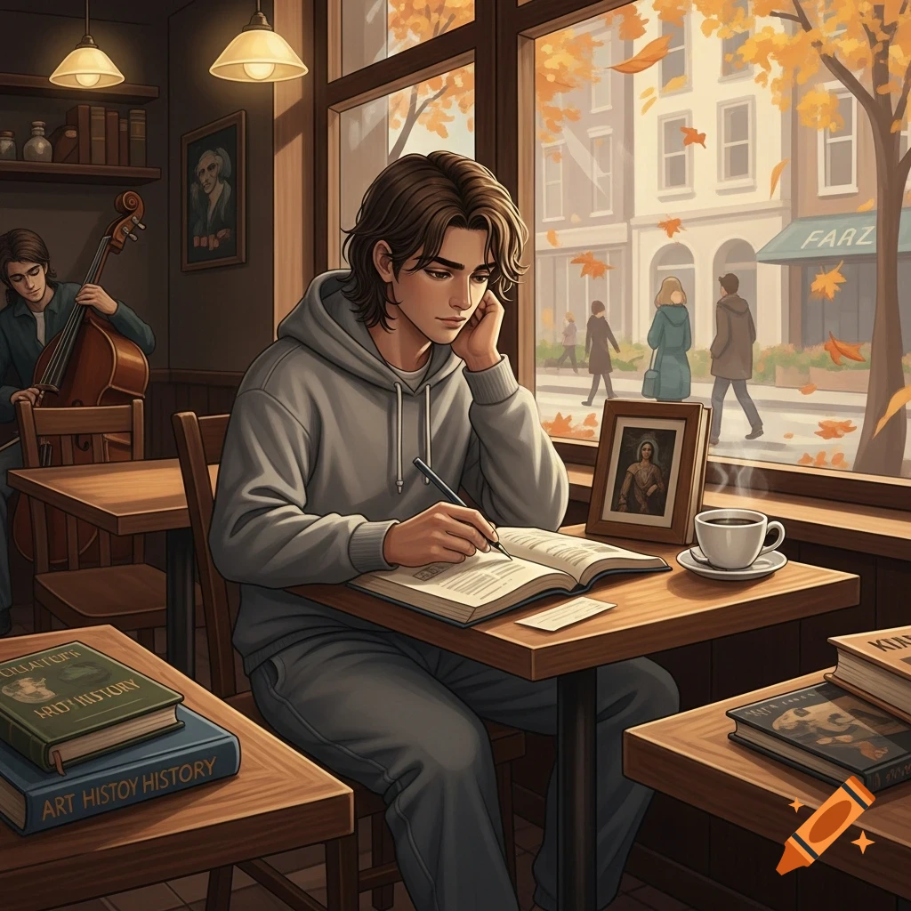 A student with brown hair in a grey hoodie studies in a coffee shop with autumn leaves outside.