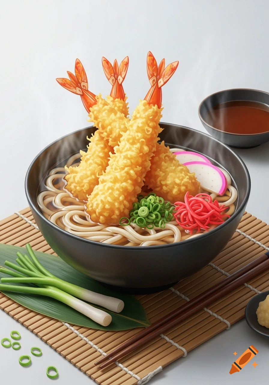 A steaming bowl of tempura udon noodles topped with three large fried shrimp, green onions, and fish cakes, on a bamboo mat with chopsticks.