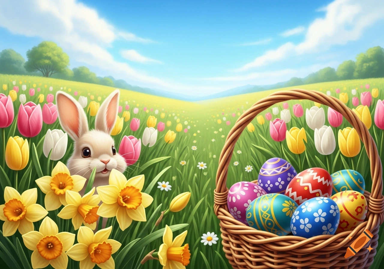 A cute bunny peeks from a field of colorful tulips and daffodils, next to a basket of decorated Easter eggs under a blue sky.