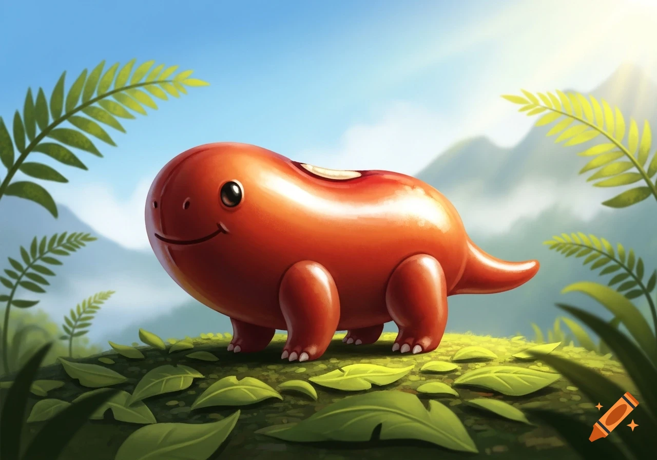 A shiny, red bean-dinosaur with a happy face stands on a leafy ground with ferns and sunlit mountains in a bright, illustrative style.