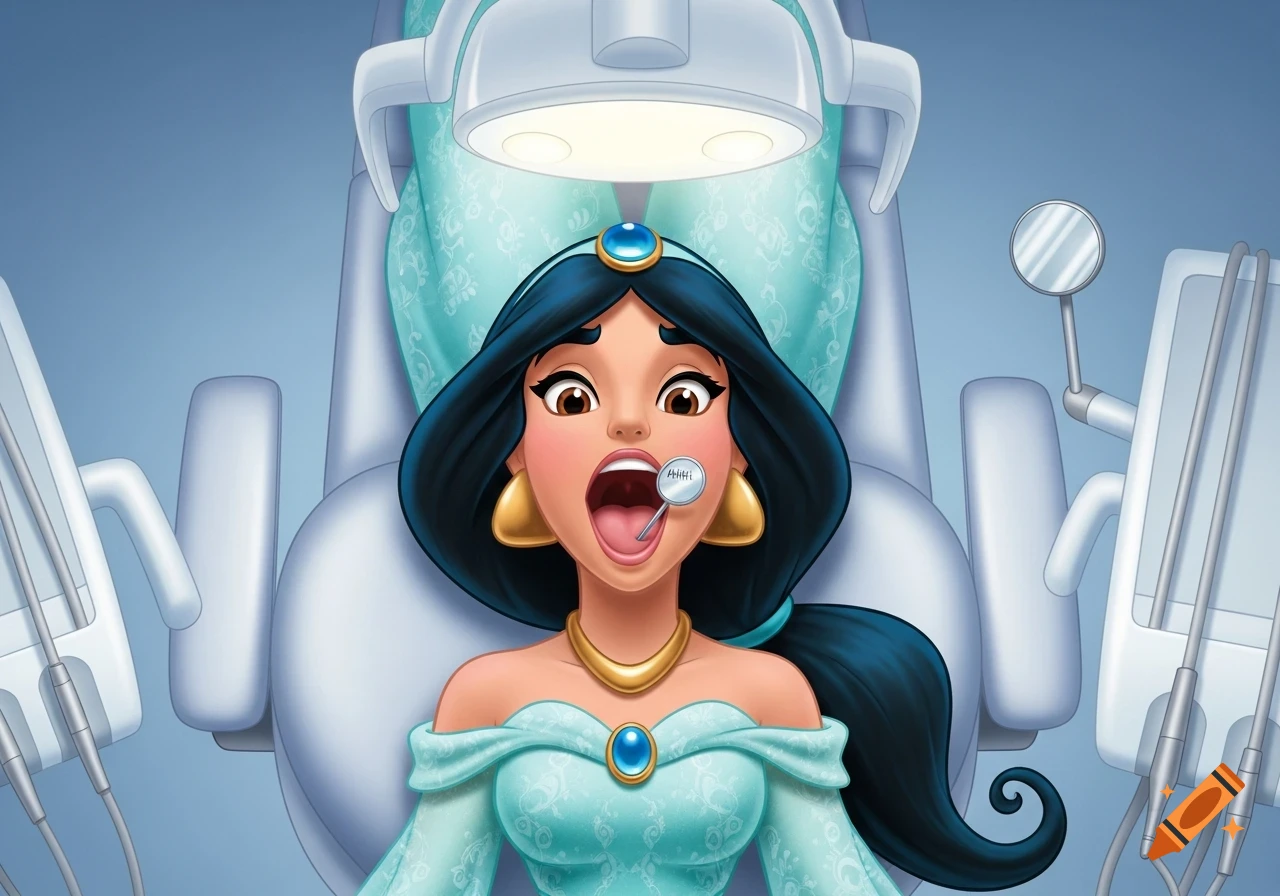 Cartoon illustration of Princess Jasmine in a dental chair, mouth open for examination with a dental mirror on her tongue showing 'AHHH!'