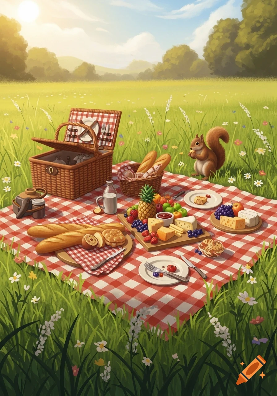 A vibrant illustration of a picnic spread on a red and white checkered blanket in a sunny meadow, with a squirrel eating a nut nearby.