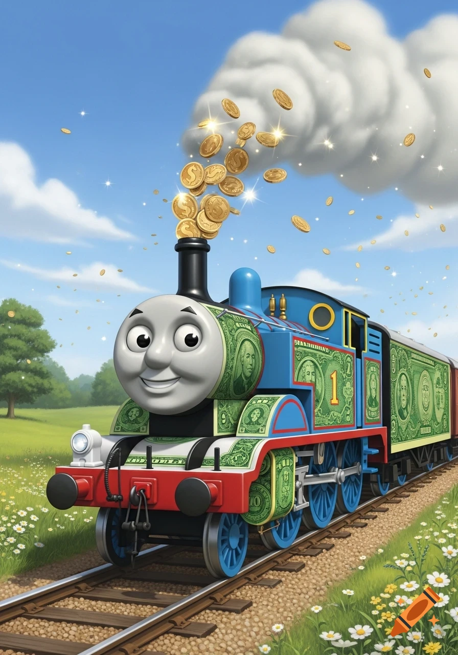Thomas the Tank Engine is painted with money patterns and spews golden coins from his smokestack, rolling on tracks through a green field.