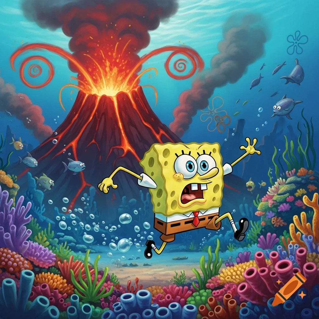 Cartoon SpongeBob SquarePants running terrified underwater from an erupting volcano surrounded by coral and fish.