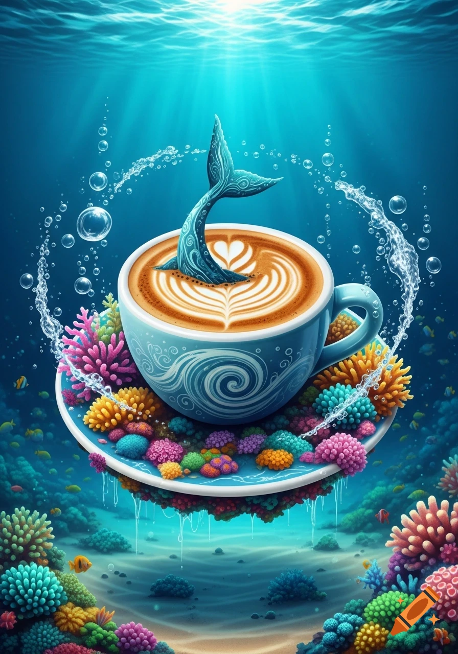 Whimsical coffee cup with a mermaid tail in latte foam, submerged underwater among colorful coral and fish.