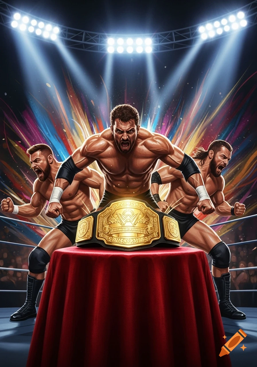 Three muscular wrestlers in a ring, the central one behind a red draped table with a gold WWE championship belt, under bright stadium lights.