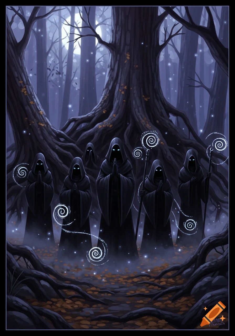Six dark cloaked figures with glowing eyes stand in a mystical, foggy forest with glowing swirls and particles, dark fantasy style.