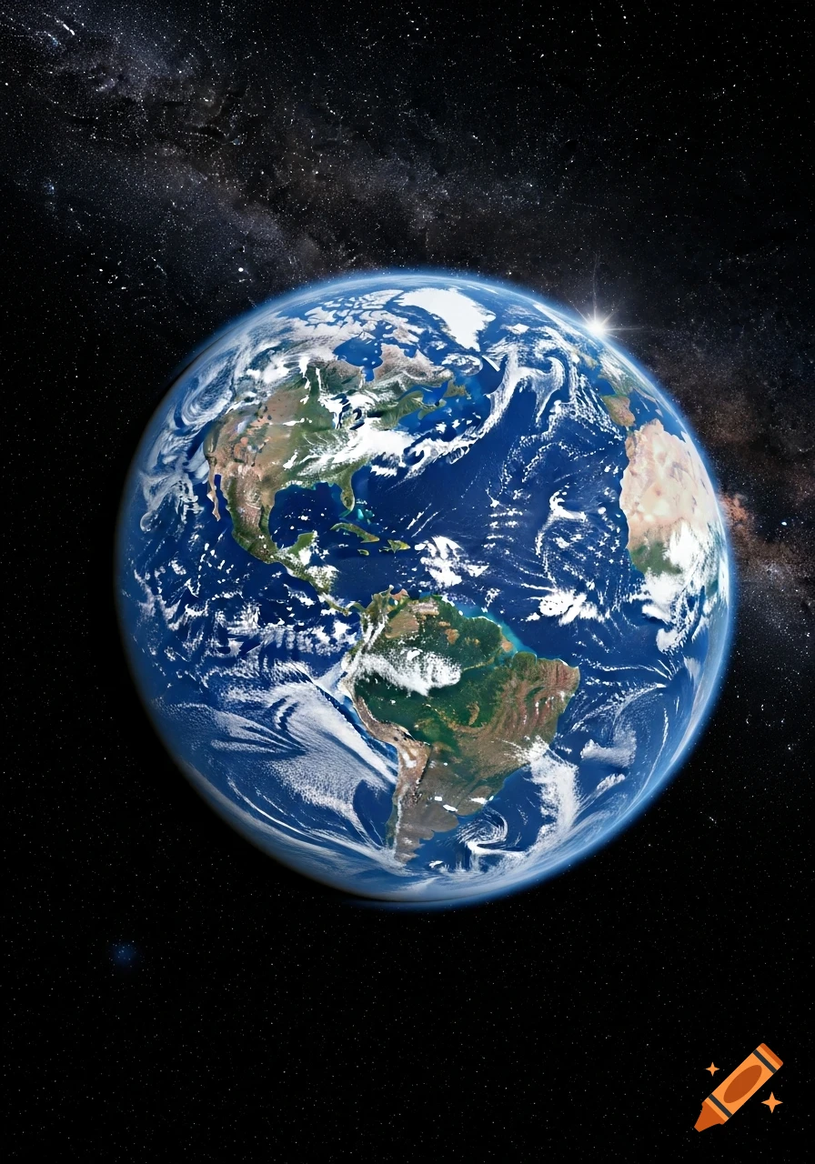 A detailed view of Earth from space, showing continents, clouds, and oceans, with a bright sun starburst over the horizon and stars in the background.