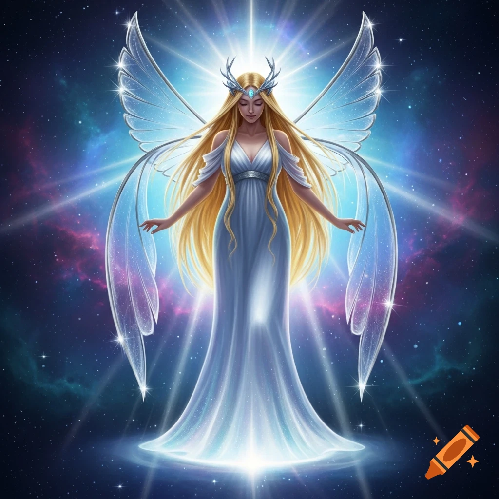 An ethereal goddess with long blonde hair, a light blue dress, and translucent wings stands glowing against a cosmic background.