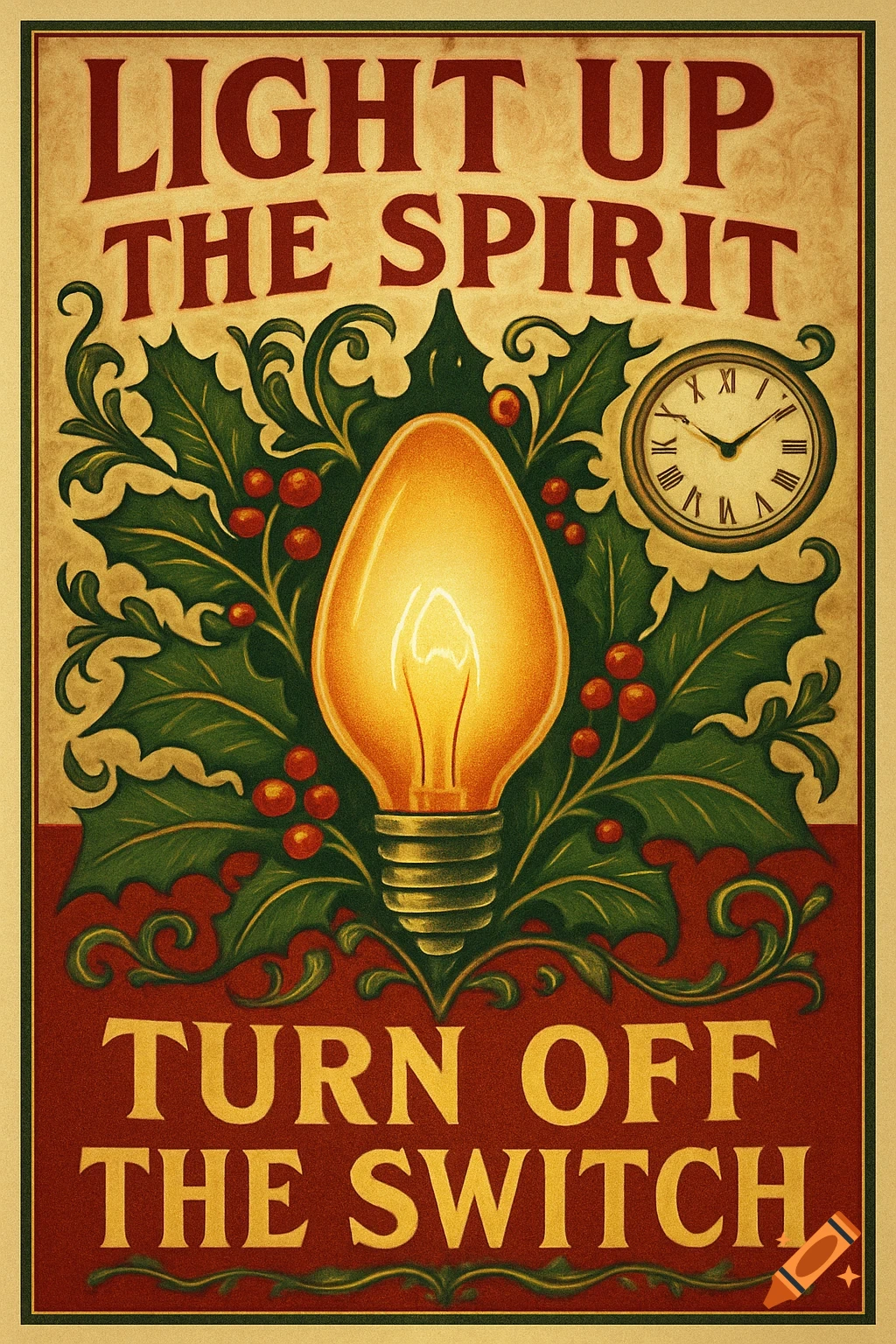 Vintage Christmas poster with a glowing light bulb, holly, and the text 'LIGHT UP THE SPIRIT, TURN OFF THE SWITCH'.