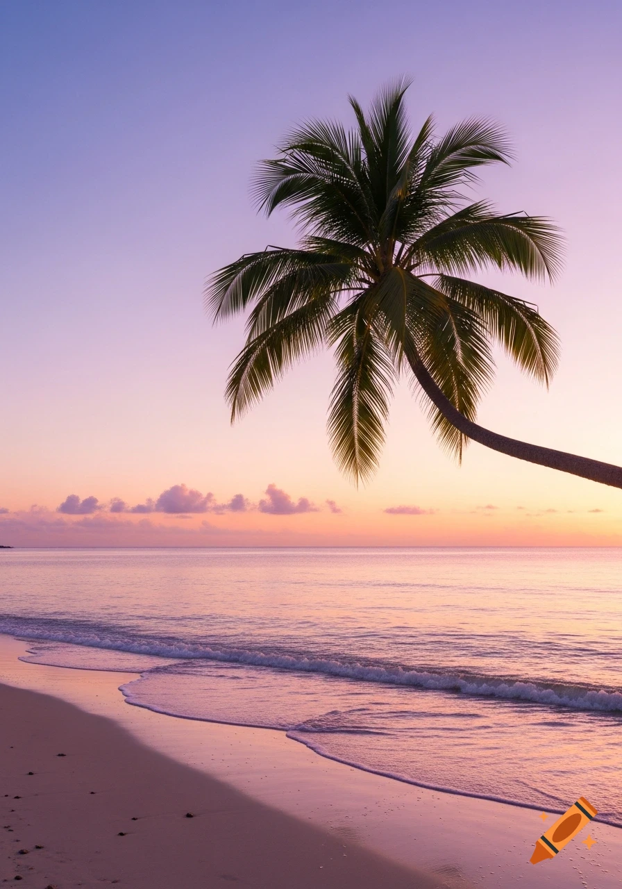 A serene beach at sunrise with a single palm tree leaning over gentle waves and pink sand, under a pastel sky.