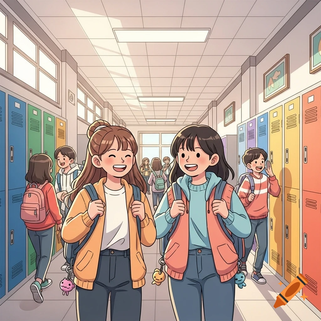Two smiling anime schoolgirls with backpacks walk down a brightly lit hallway with colorful lockers and other students.
