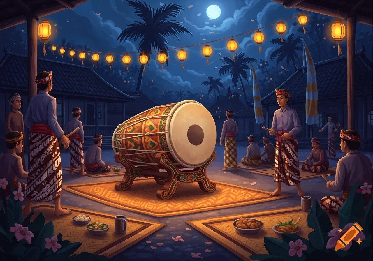 A group of men in traditional Indonesian attire gather around a large ornate drum under a full moon and lanterns at night.