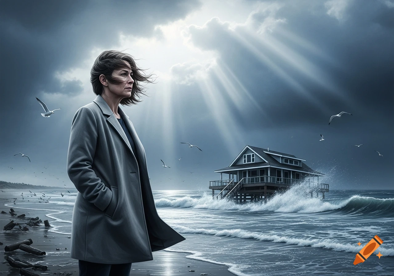 Woman in a grey coat on a stormy beach, looking out at a house engulfed by waves under dramatic sun-drenched clouds.