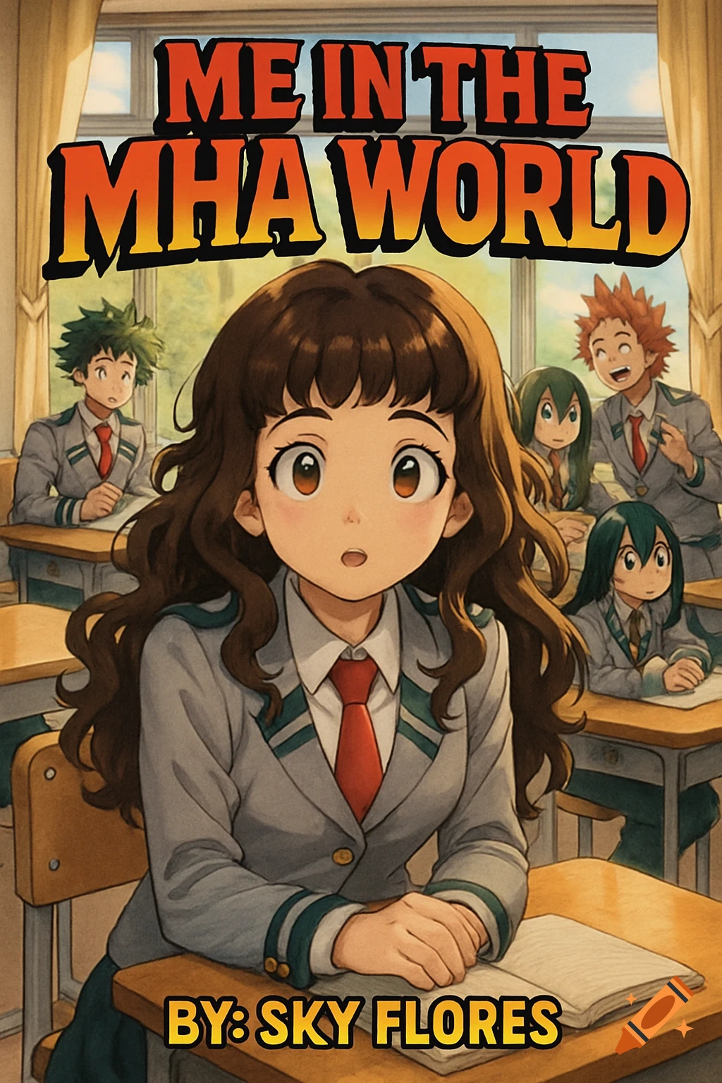 Anime style book cover of a surprised girl in a school uniform in a classroom with My Hero Academia characters. Text reads "ME IN THE MHA WORLD" and "BY: SKY FLORES".