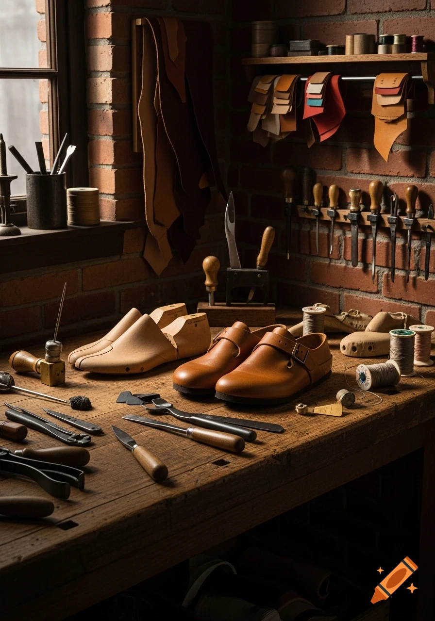 A shoemaker's wooden workbench filled with various tools, leather samples, wooden shoe lasts, and a pair of brown leather shoes.