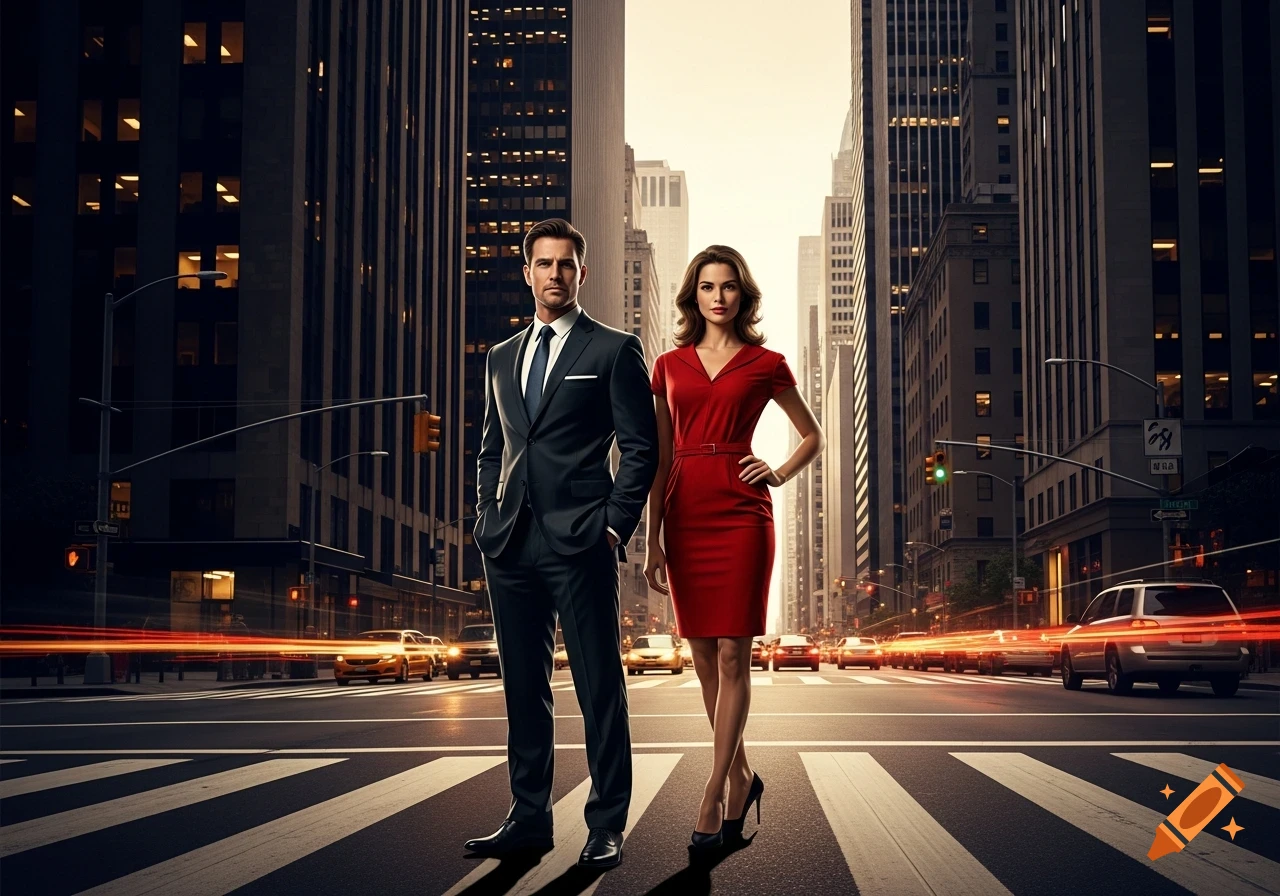 A man in a dark suit and a woman in a red dress stand on a city ...