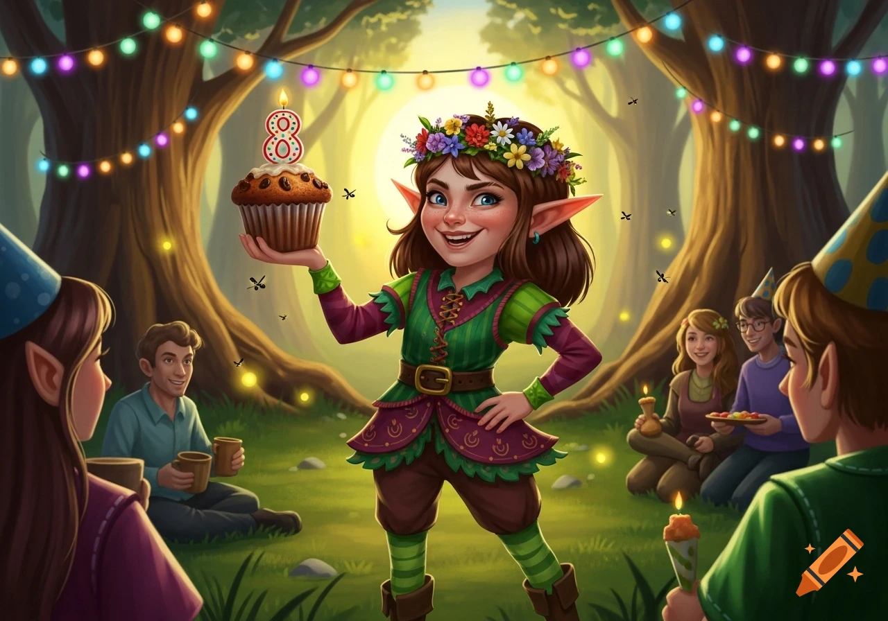 A smiling elf girl in a forest clearing celebrates her birthday, holding a muffin with an '8' candle, surrounded by friends and festive lights.