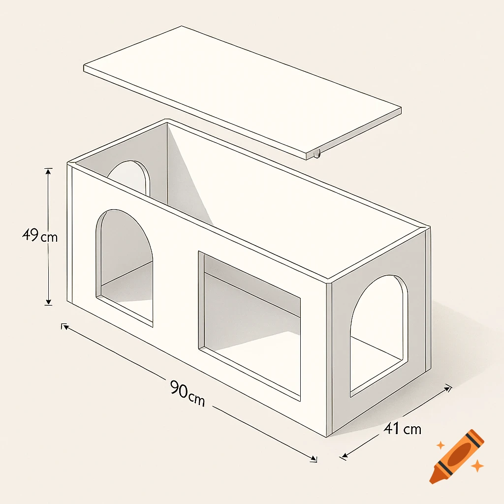 Isometric exploded view of a white rectangular cat litter box with dimensions 90cm x 41cm x 49cm and arched side openings.