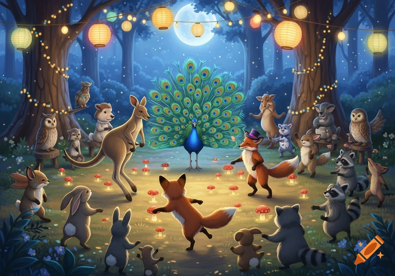 Cartoon animals including a peacock, fox, kangaroo, owls, and raccoons dance in a magical moonlit forest lit by lanterns.