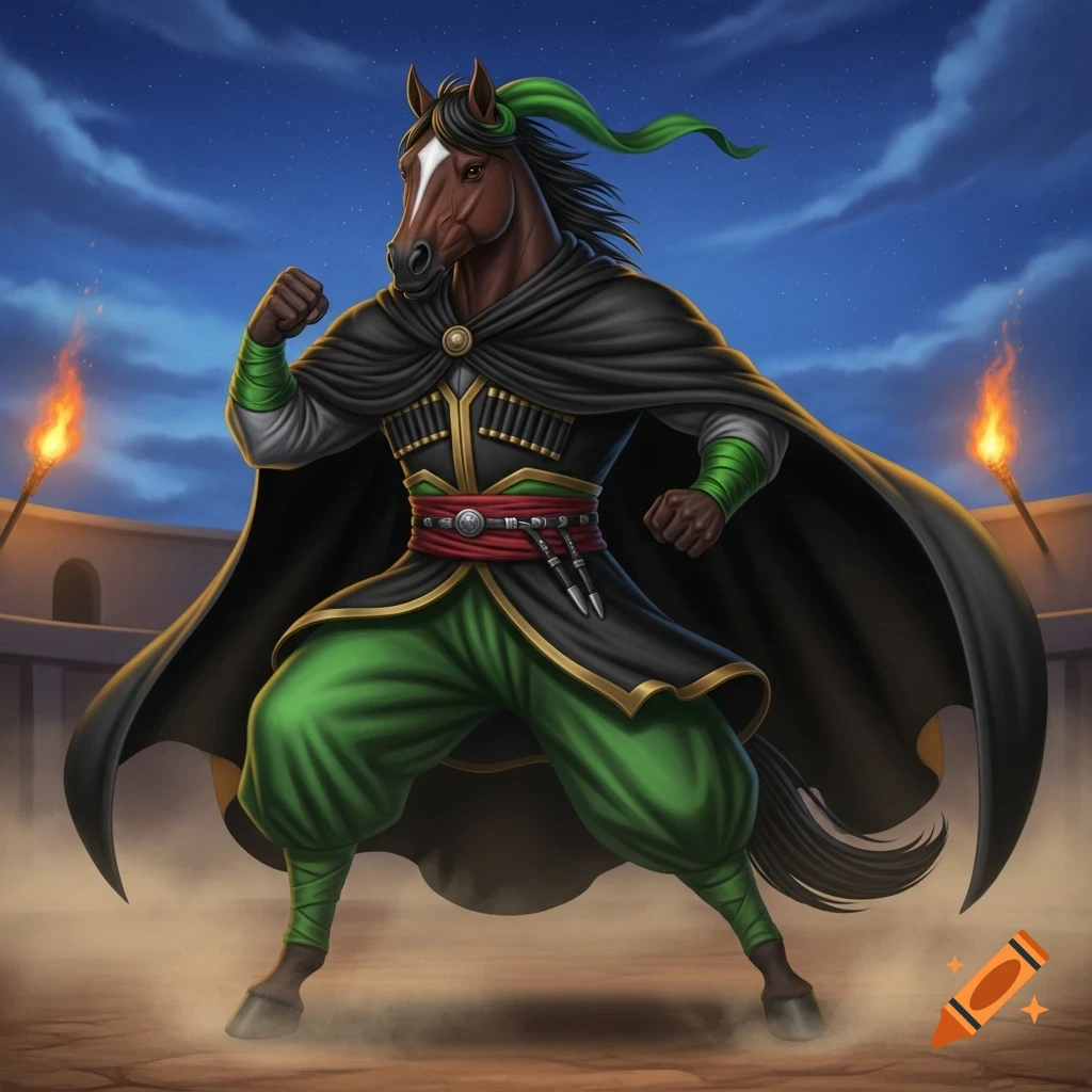 A detailed illustration of an anthropomorphic horse in a black cloak and green sharovary, standing in a fighter stance in a moonlit arena.