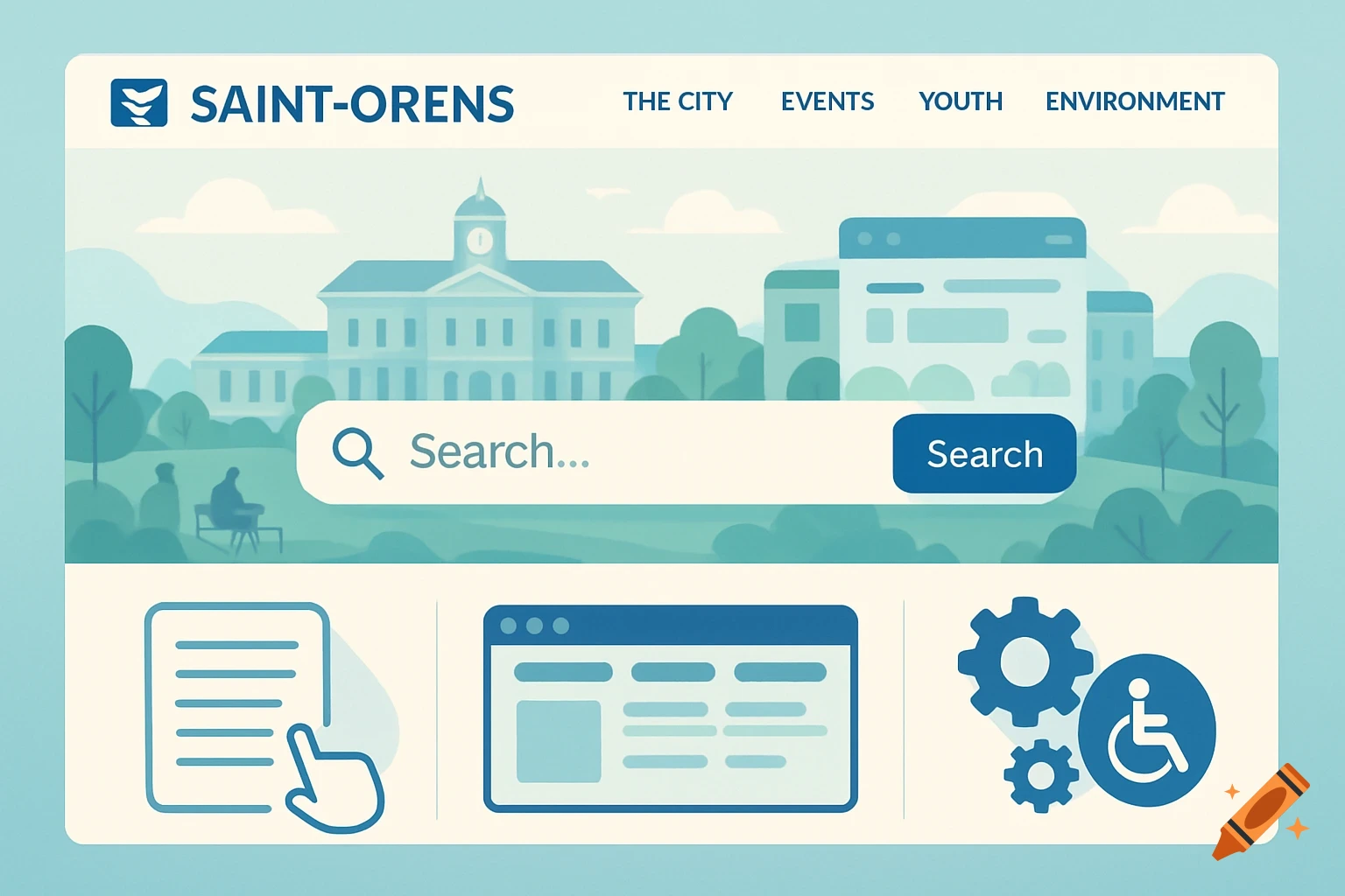 Flat illustration of the Saint-Orens city website homepage, featuring a search bar, navigation links, and icons for online services and accessibility.