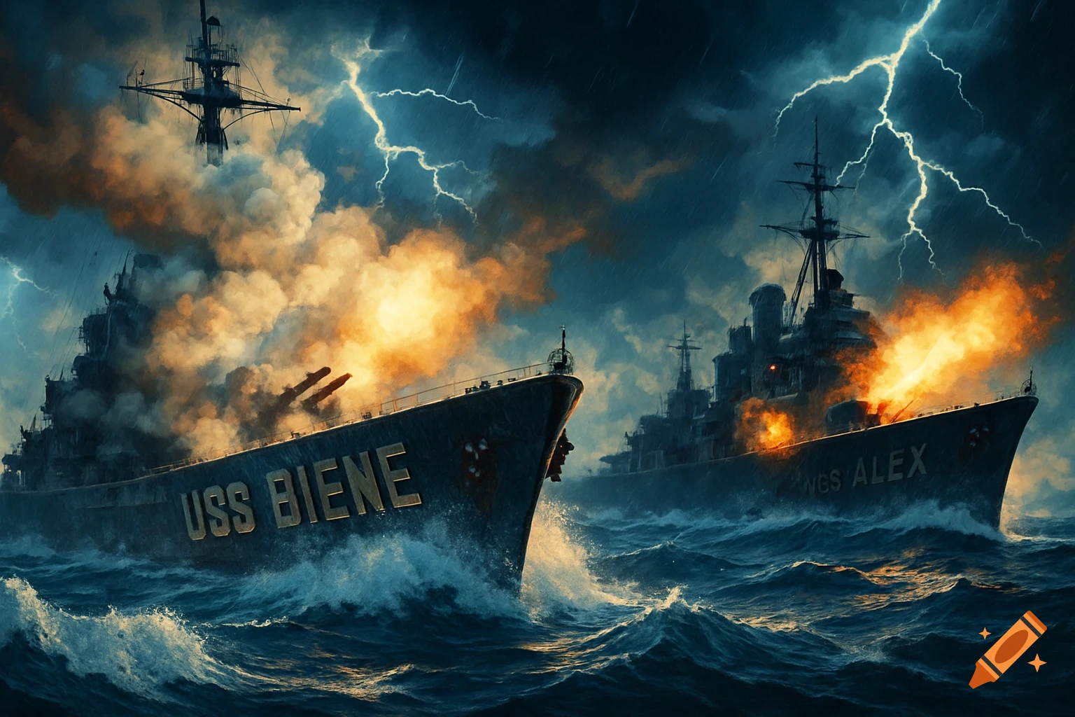 Two warships battling in a stormy sea with lightning, one named USS Biene and the other NGS Alex, both heavily damaged and on fire.