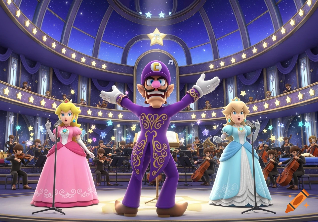 Waluigi conducts an orchestra while Princess Peach and Princess Rosalina sing on stage in a star-themed opera house.