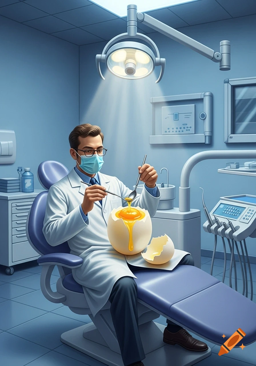 A masked dentist in a lab coat sits in a dental chair, spooning yolk from a giant cracked egg.