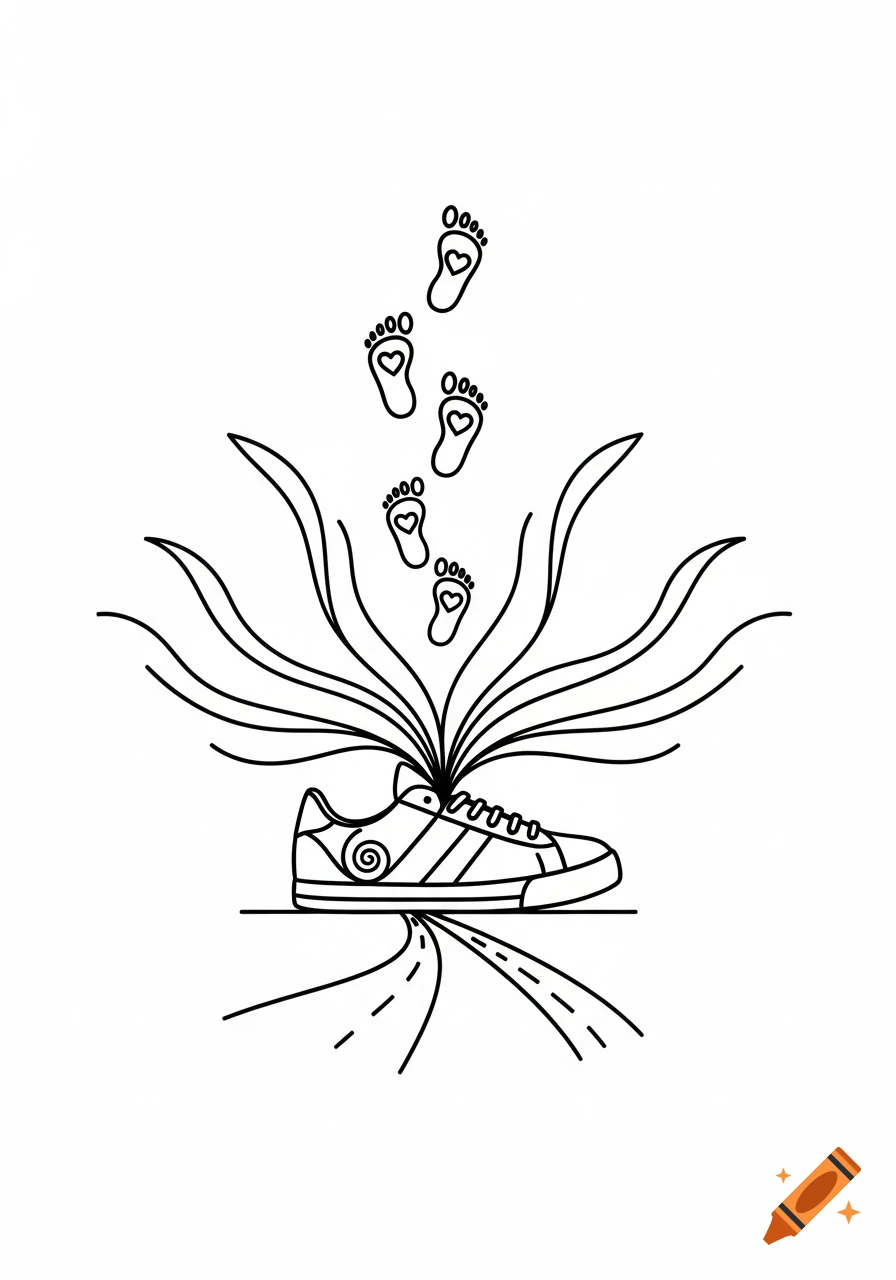 Minimalist black line art shows a sneaker on a road, with abstract lines and heart-filled footprints rising above.