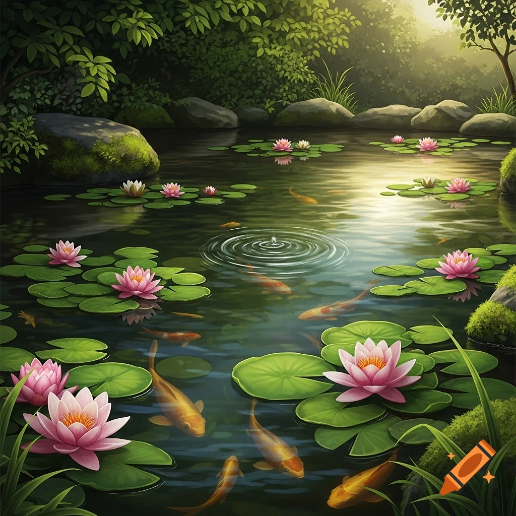 A serene pond filled with pink water lilies on lily pads, golden koi fish swimming, and lush green foliage under dappled sunlight.