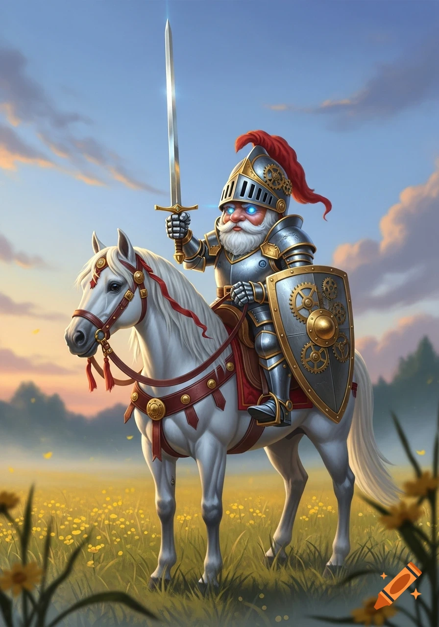 A clockwork gnome knight with glowing blue eyes, holding a sword and gear shield, rides a white horse through a yellow flower field.