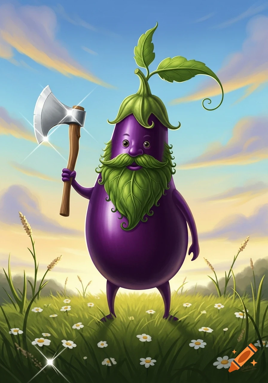 A whimsical, cartoon-style purple eggplant character with a green leaf beard and mustache holds an axe in a field of green grass and white flowers under a colorful sky.