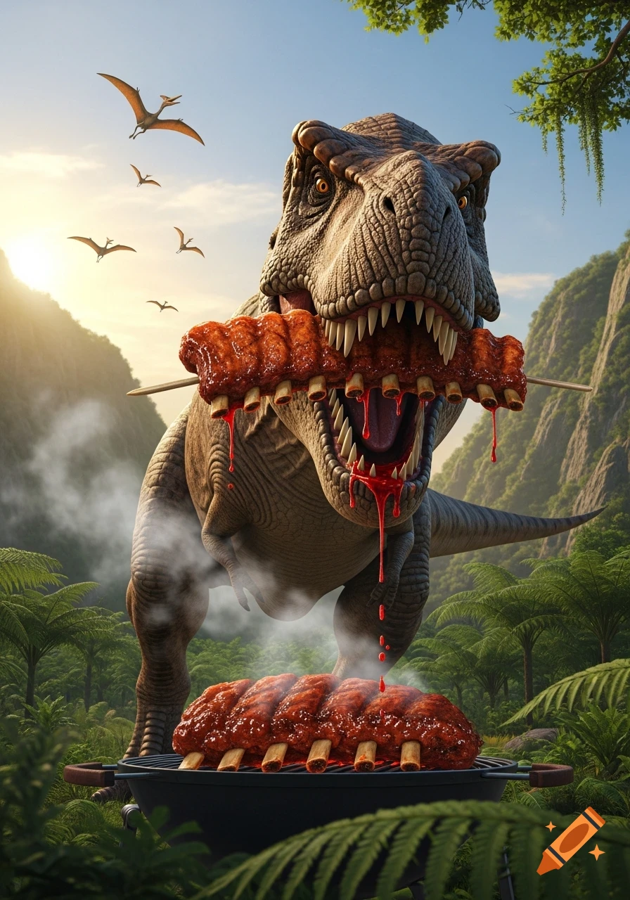 A photorealistic T-rex with BBQ ribs in its mouth, dripping sauce, while more ribs grill in a lush prehistoric jungle.