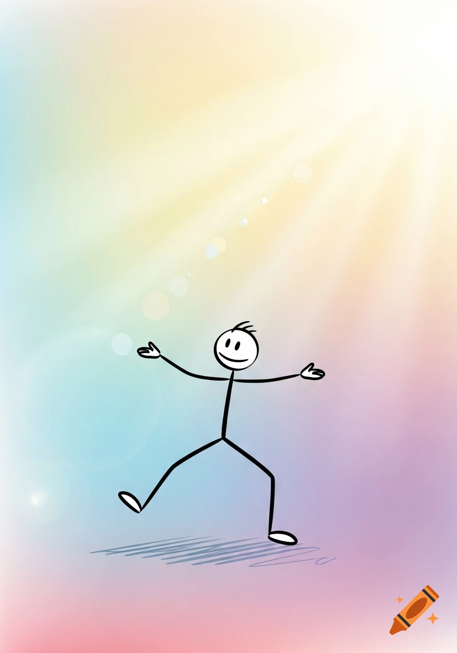 A happy stick figure with outstretched arms and one leg bent, dancing on a pastel rainbow background with light rays.