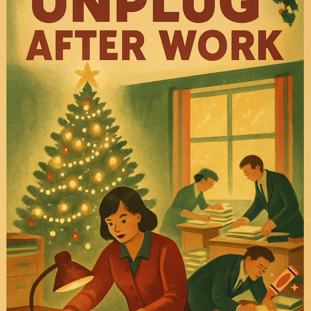 A vintage-style poster shows people working in an office with a decorated Christmas tree and text "UNPLUG AFTER WORK".