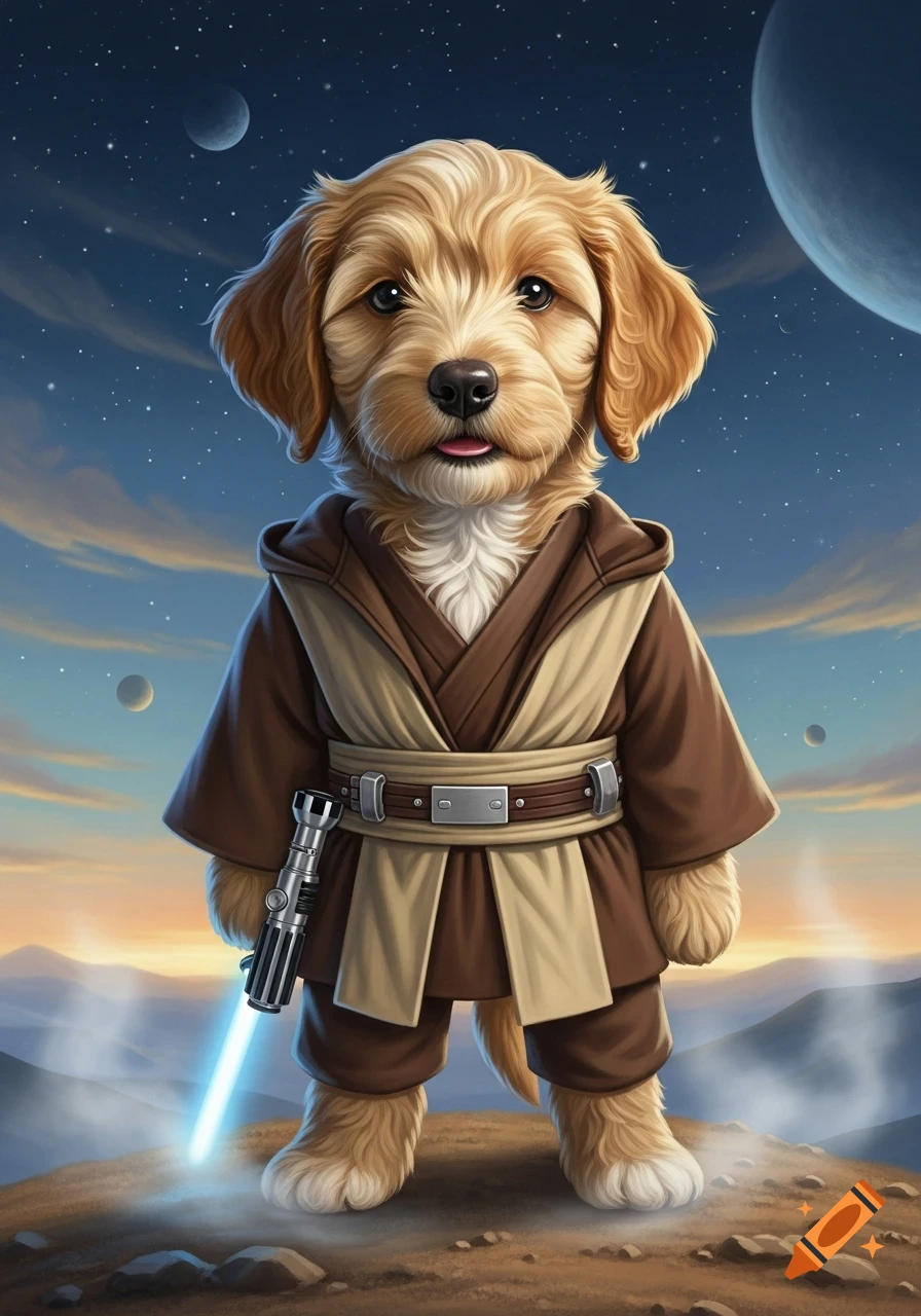 A cute labradoodle puppy dressed as Luke Skywalker, holding a blue lightsaber, standing on a rocky planet under a starry night sky.