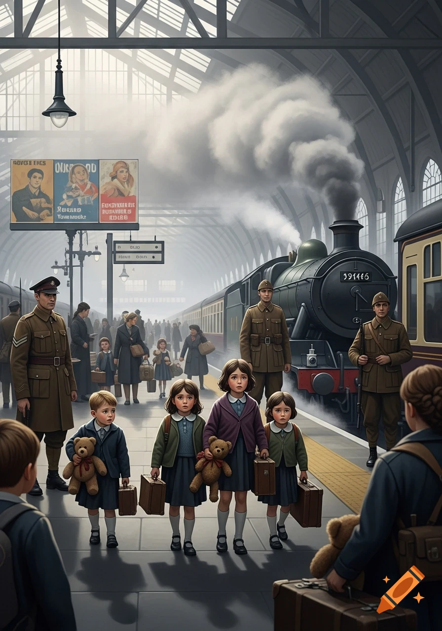 WWII-era children with suitcases and teddy bears at a busy train station, supervised by soldiers, a steam train in the background.