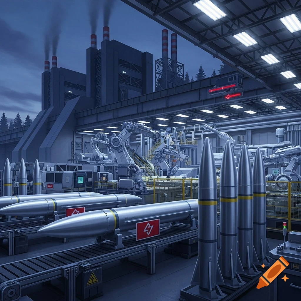 An industrial factory floor at night, with silver missiles on a conveyor belt and standing, robotic arms in the background, and smokestacks outside.