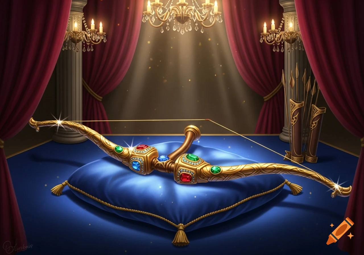 A golden, bejeweled bow and quiver rest on a blue velvet cushion in a grand, chandelier-lit room with red drapes.