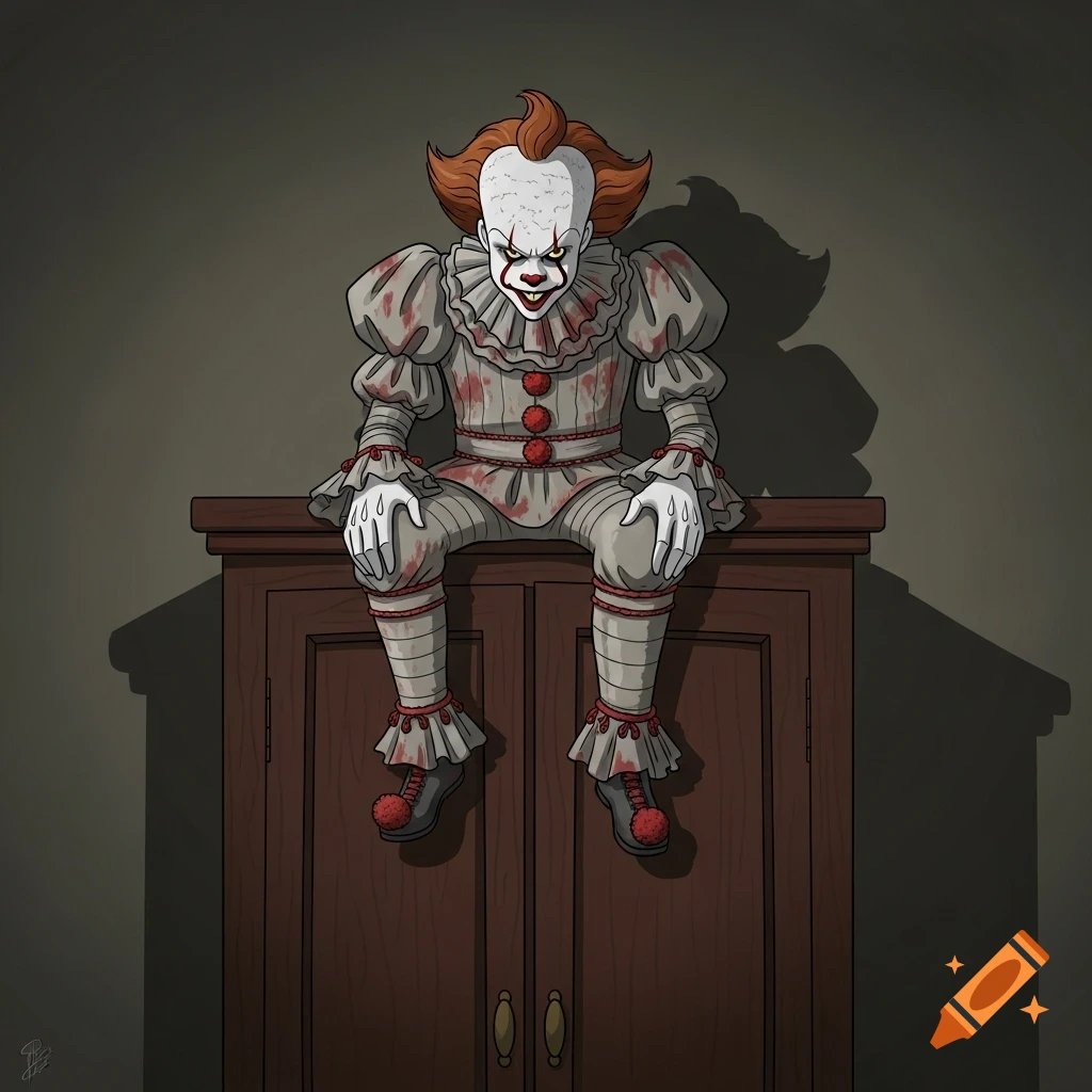 A cartoonish depiction of Pennywise in a blood-splattered costume sitting atop a wooden wardrobe, looking down.