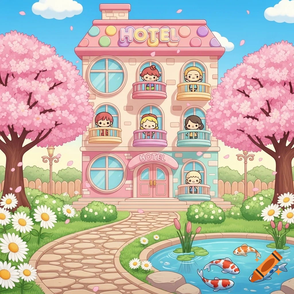 A cute kawaii-style hotel with cartoon characters on balconies, surrounded by pink cherry blossom trees, a garden path, and a koi pond with fish.