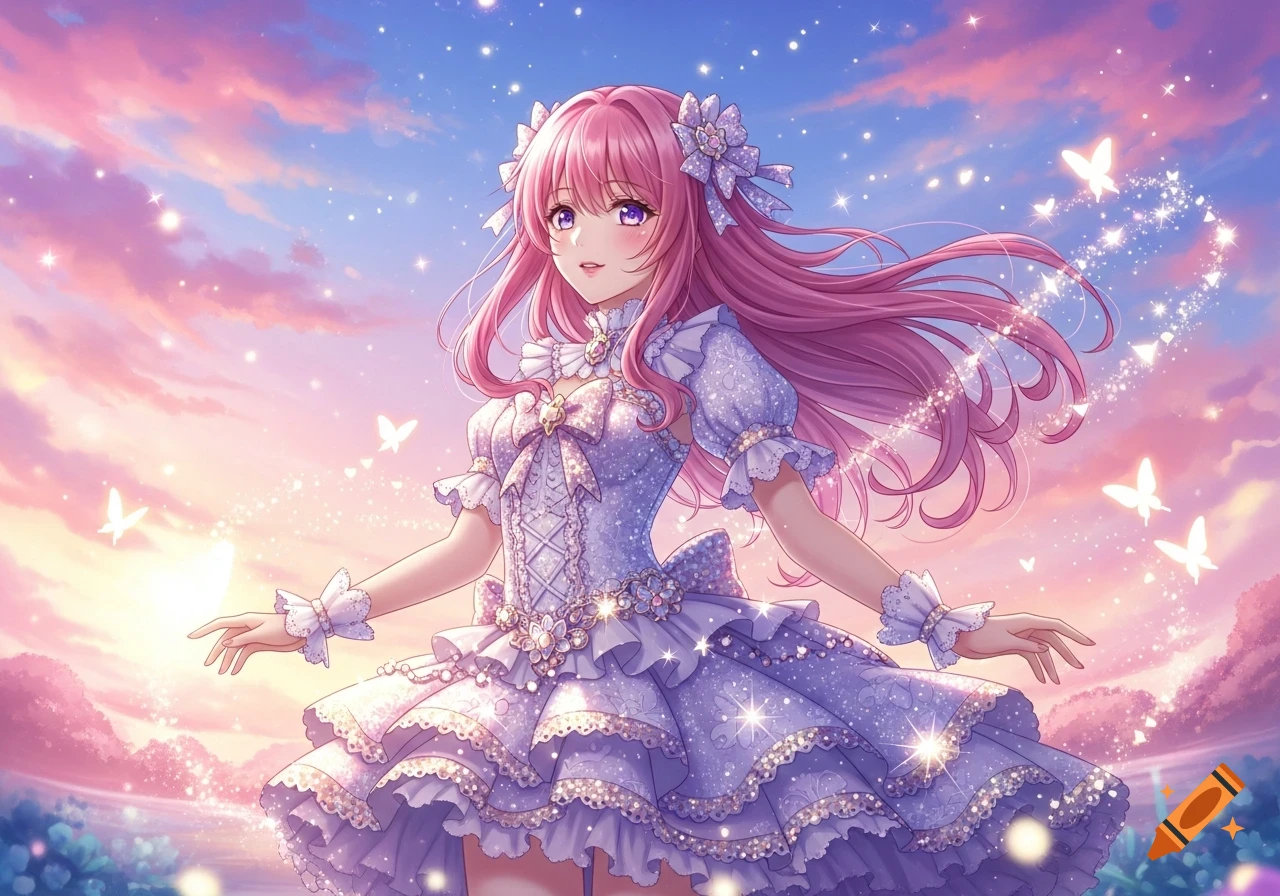 An anime girl with long pink hair and a frilly lavender dress stands in a magical, sparkly landscape with butterflies.