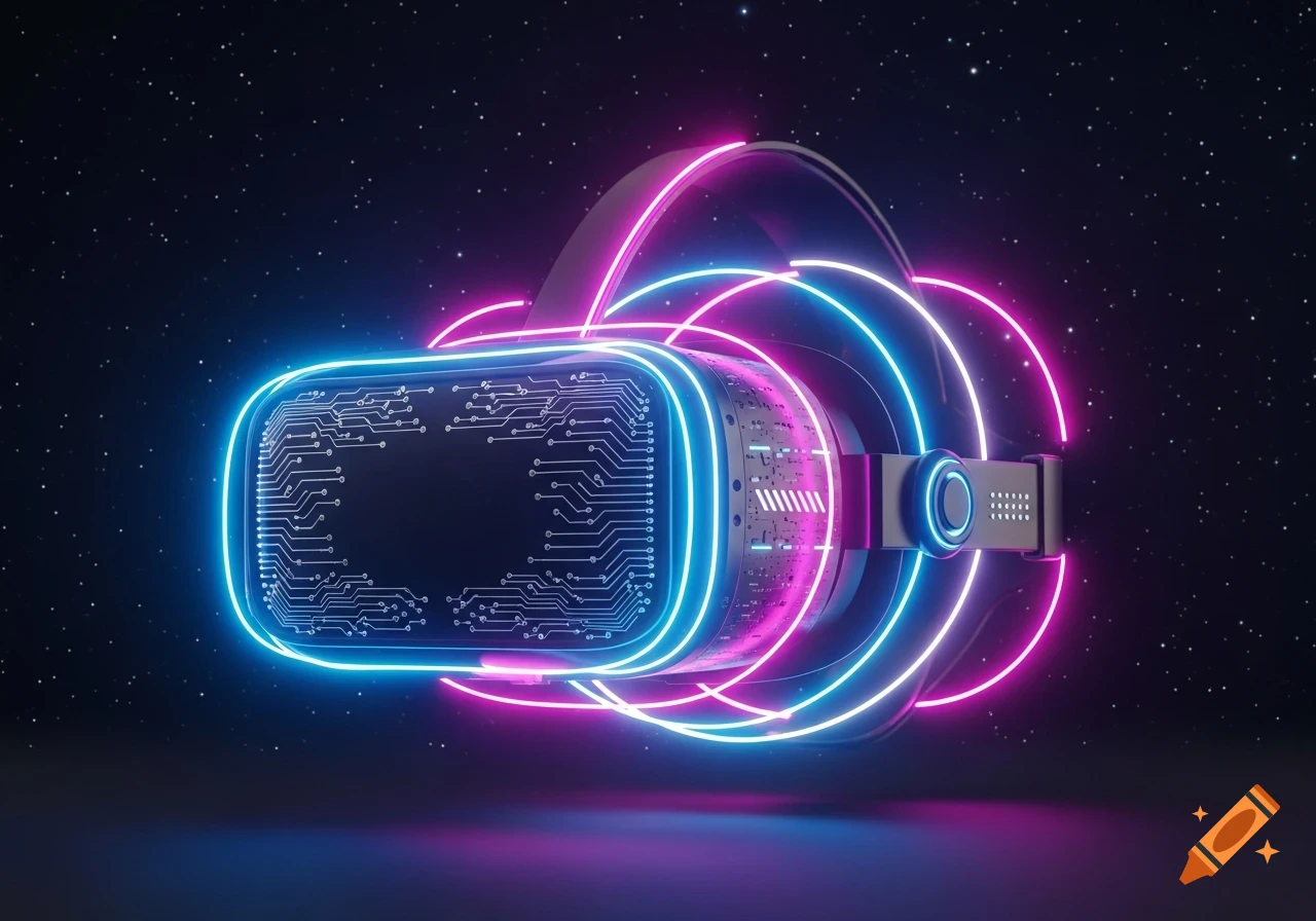 Futuristic VR headset glowing with blue and pink neon lights and circuit patterns against a starry night sky.