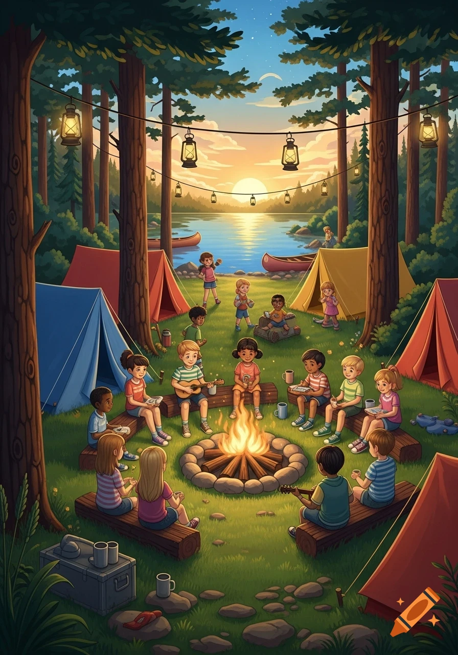 Illustrated scene of diverse children camping around a campfire by a lake at sunset, with tents and trees.