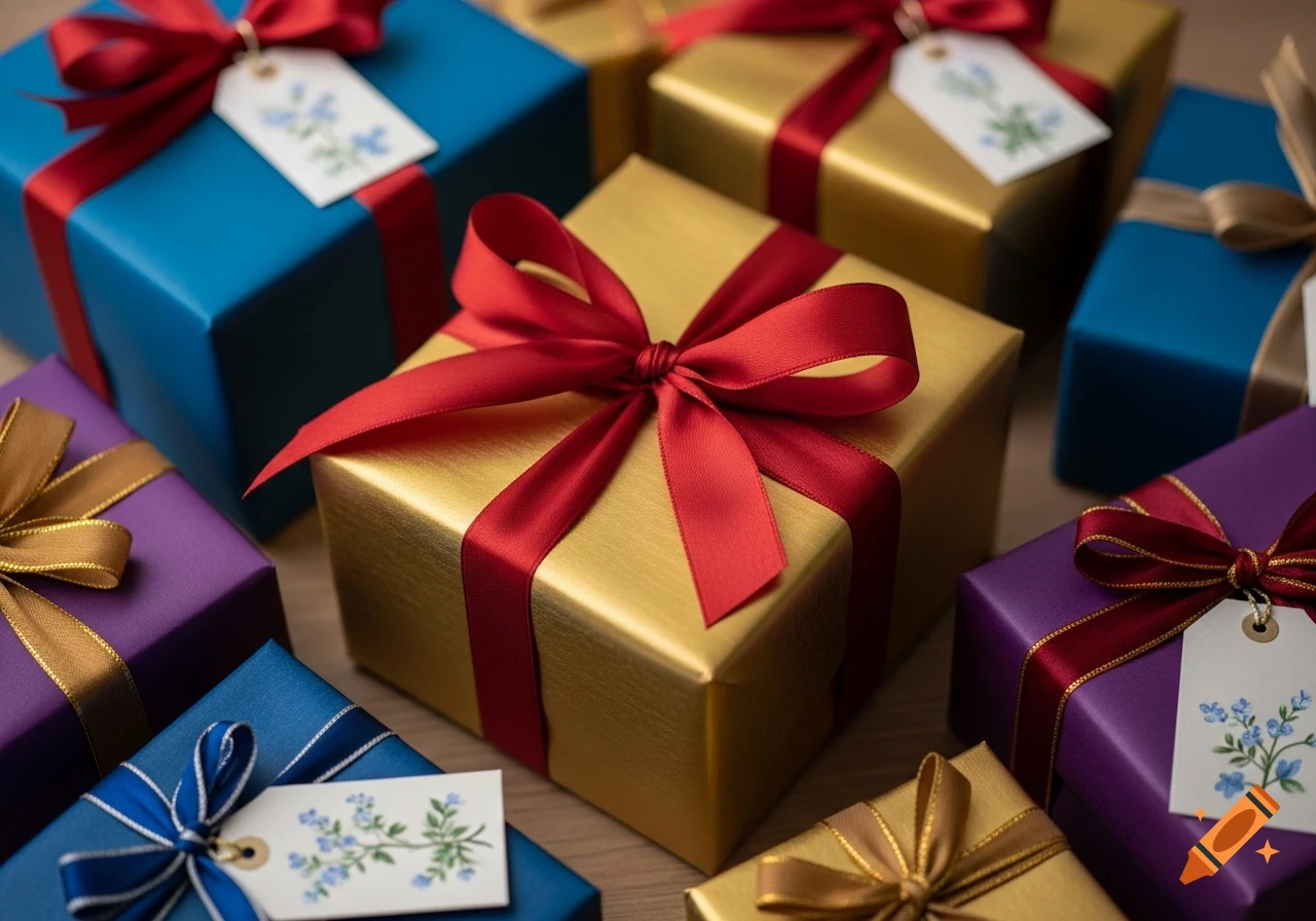 A close-up shot of various wrapped gift boxes in blue, gold, purple, and red, with decorative ribbons and tags.