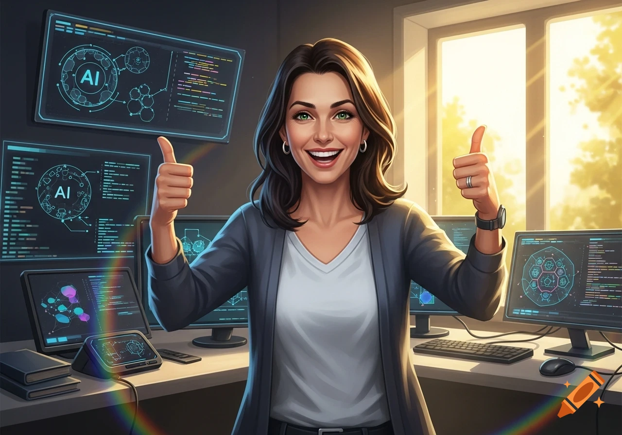 Smiling woman with green eyes gives two thumbs up in an office surrounded by computer screens displaying AI data.