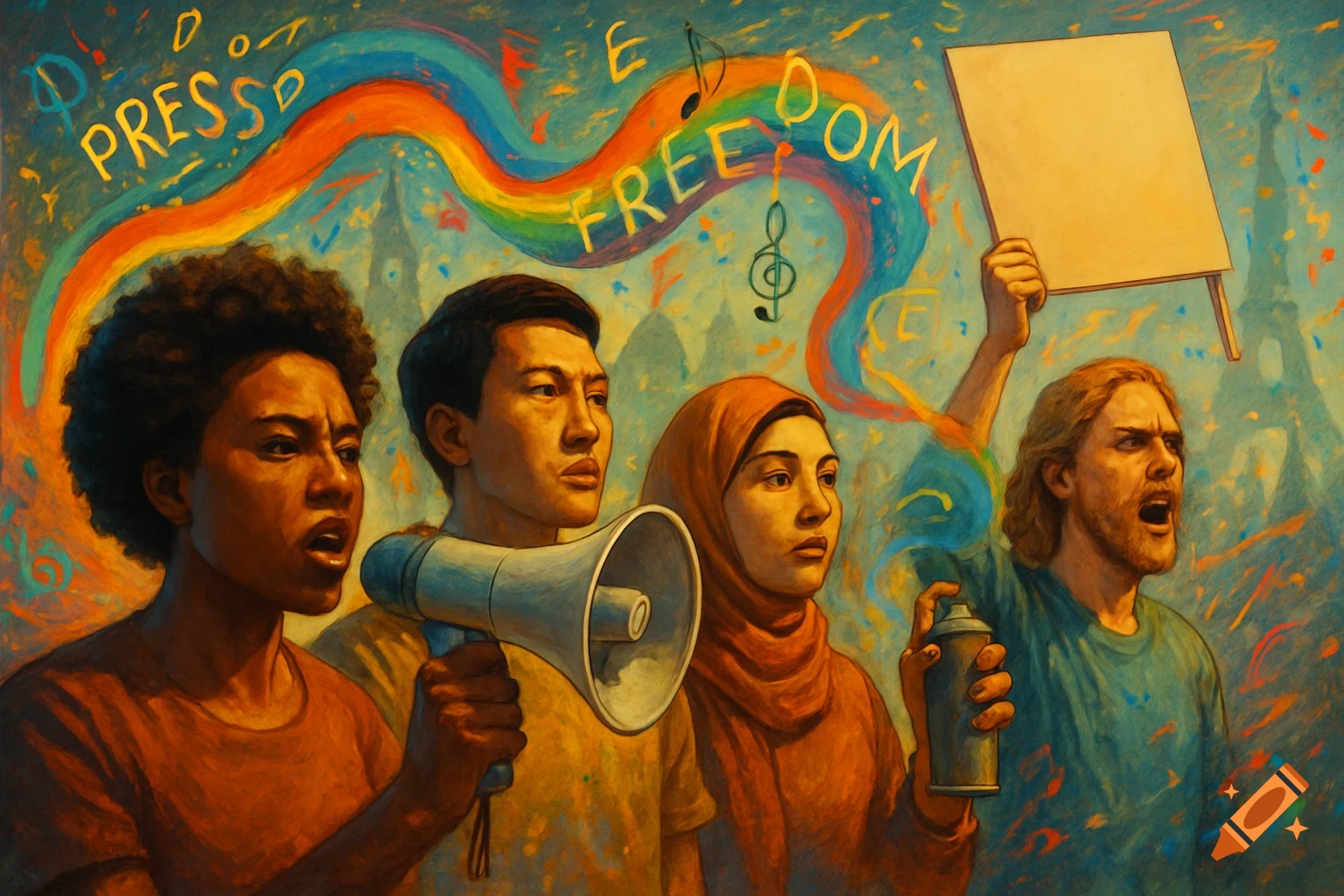 An expressive, colorful painting of diverse individuals at a protest, with text 'PRESS' and 'FREEDOM' in a rainbow arc. People hold a megaphone, a spray can, and a blank sign. The Eiffel Tower is faintly visible in the background.